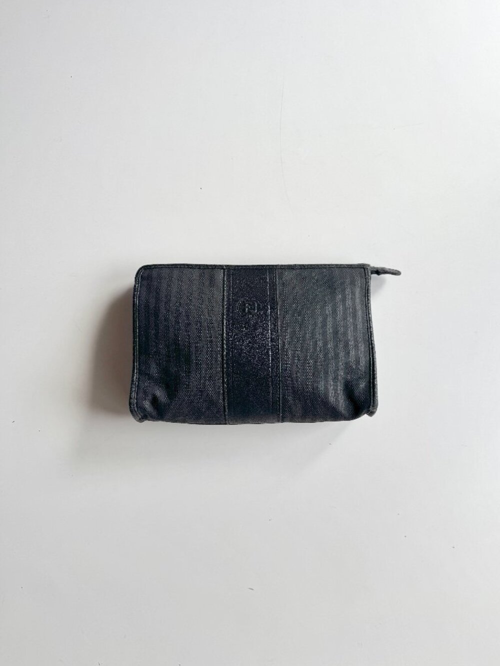Vintage FENDI Black Striped Coated Canvas Leather Trim Toiletry Cosmetic Bag